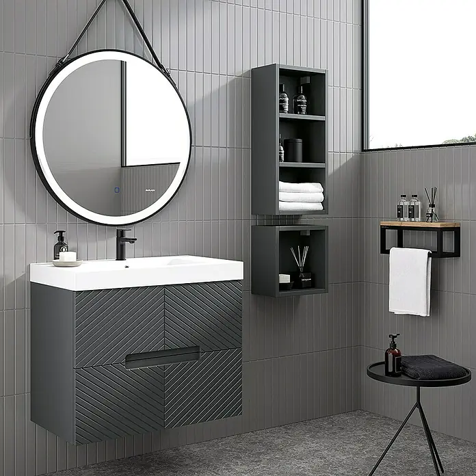 Duplach Mueble bajo de lavabo Kamet - L x An x Al: 45 x 60 x 60 cm, Antracita - Diseño moderno de baño con tocador gris con patrón geométrico, espejo redondo y estantes de pared a juego.