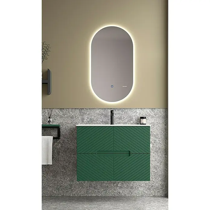 Duplach Mueble bajo de lavabo Kamet - L x An x Al: 45 x 60 x 60 cm, Oliva - Interior de baño moderno con mueble de lavabo verde, espejo iluminado y revestimiento de pared de mármol gris.