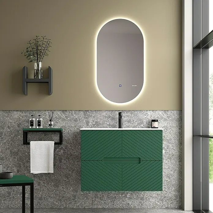 Duplach Mueble bajo de lavabo Kamet - L x An x Al: 45 x 60 x 60 cm, Oliva - Un baño moderno con un mueble de lavabo verde, un espejo iluminado y azulejos grises para un ambiente elegante.