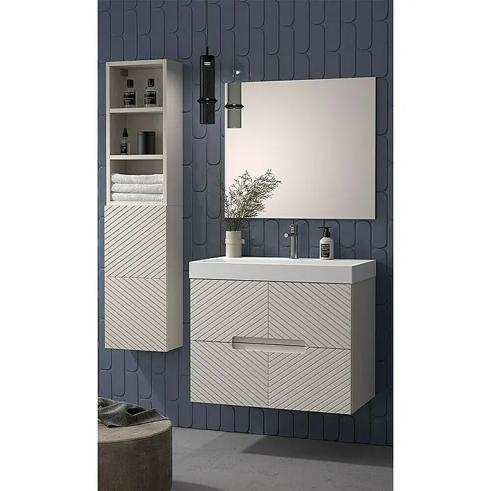 Duplach Mueble bajo de lavabo Kamet - L x An x Al: 45 x 60 x 60 cm, Beige - Interior de baño con elegante mueble de lavabo, armario con espejo y armario alto a juego de diseño moderno.