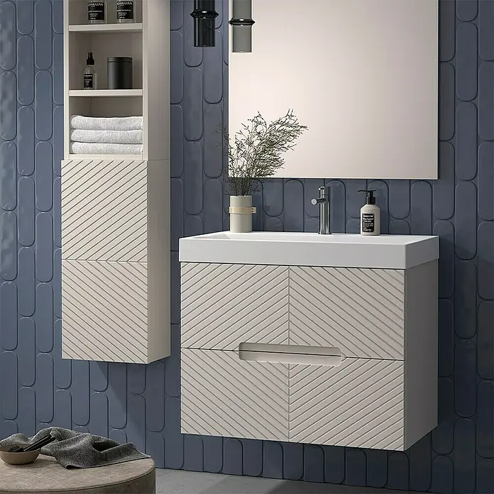 Duplach Mueble bajo de lavabo Kamet - L x An x Al: 45 x 60 x 60 cm, Beige - Interior de baño moderno con mueble de lavabo, espejo y diseño de pared elegante.