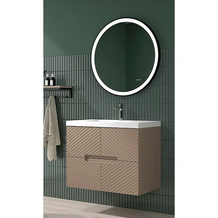 Duplach Mueble bajo de lavabo Kamet - L x An x Al: 45 x 60 x 60 cm, Moka - Mueble de baño con espejo y grifo frente a pared de azulejos verdes.