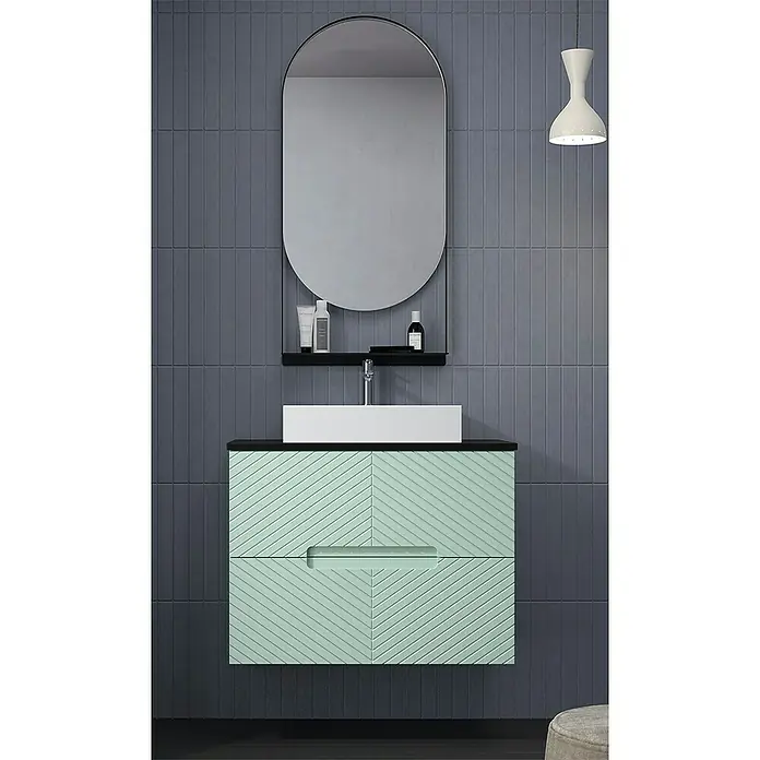 Duplach Mueble bajo de lavabo Kamet - L x An x Al: 45 x 60 x 60 cm, Menta - Mueble de baño con cajones verde menta y lavabo sobre encimera blanco, complementado con un espejo ovalado y azulejos grises.