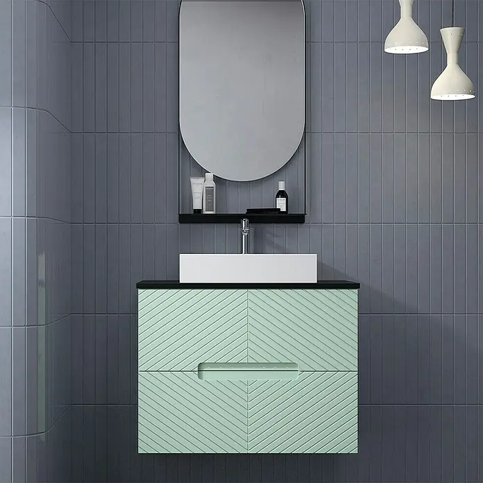 Duplach Mueble bajo de lavabo Kamet - L x An x Al: 45 x 60 x 60 cm, Menta - Este moderno baño cuenta con un tocador verde menta con cajones elegantes y un espejo elegante.