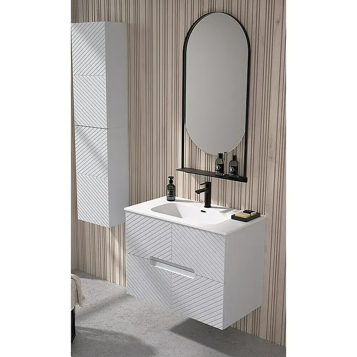 Duplach Mueble bajo de lavabo Kamet - L x An x Al: 45 x 60 x 60 cm, Gris - Elegante interior de baño con un tocador moderno con lavabo, espejo y armario a juego para un ambiente elegante.