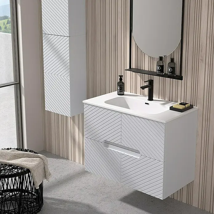 Duplach Mueble bajo de lavabo Kamet - L x An x Al: 45 x 60 x 60 cm, Gris - Un elegante lavabo de baño con mueble de tocador y un espejo armario a juego, ambos con un diseño lineal moderno.
