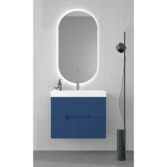 Duplach Mueble bajo de lavabo Kamet - L x An x Al: 45 x 60 x 60 cm, Oceano - Baño con espejo iluminado y tocador azul marino con un diseño de espiga llamativo.
