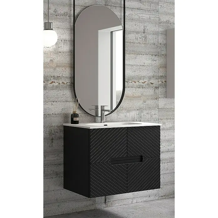 Duplach Mueble bajo de lavabo Kamet - L x An x Al: 45 x 60 x 60 cm, Negro - Elegante conjunto de tocador de baño que exhibe un mueble negro y espejo ovalado, que encarna un diseño moderno.