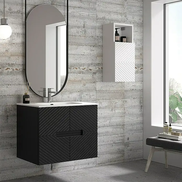 Duplach Mueble bajo de lavabo Kamet - L x An x Al: 45 x 60 x 60 cm, Negro - Interior de baño moderno con mueble de lavabo negro con diseño de espiga y espejo ovalado vertical.