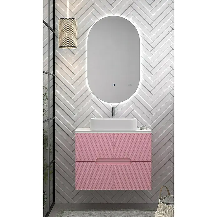 Duplach Mueble bajo de lavabo Kamet - L x An x Al: 45 x 60 x 60 cm, Rosa - Un elegante lavabo de baño con un armario rosa y un espejo iluminado, creando un ambiente moderno y elegante.