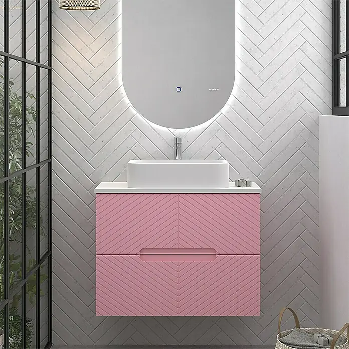 Duplach Mueble bajo de lavabo Kamet - L x An x Al: 45 x 60 x 60 cm, Rosa - Mueble de baño moderno con frentes rosas y lavabo sobre encimera blanco bajo un espejo iluminado.