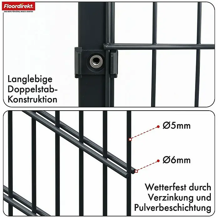 Floordirekt Mattenzaun Doppelstabmattenzaun Limes 1 x 28 m - 14 x Zaunmatte 15 x Zaunpfosten - 2.800 x 100 cm, Anthrazit