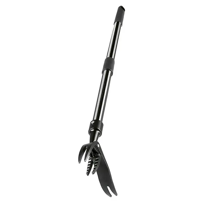 Easymaxx Unkrautstecher - Länge: 150 mm - Abgebildet ist ein verstellbarer Greifer mit einem Teleskopstiel, ideal für schwer erreichbare Stellen, mit robustem Griff.