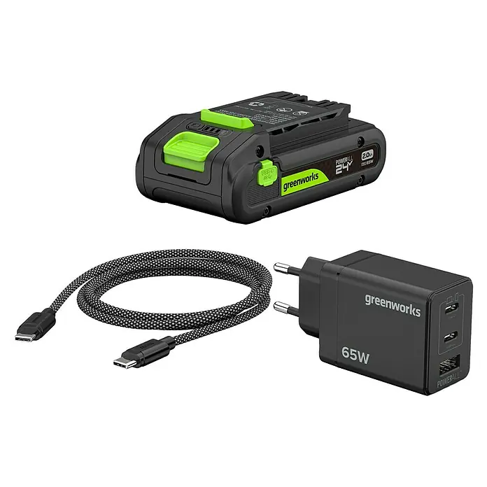 Greenworks Akku & Ladegerät 24V 2 AH, VD - Akkuspannung: 24 V, Li-Ionen, 2 Ah - Produktbild eines Greenworks 24V Powerall Akkus, eines 65W Ladegeräts und eines USB-C-auf-USB-C-Kabels.