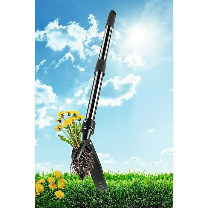 Easymaxx Unkrautstecher - Länge: 150 mm - Das Bild zeigt einen Unkrautstecher vor einem sonnigen Himmel, der mit gelben Löwenzahnblüten verziert ist. Das Gerät entfernt Unkraut mit Leichtigkeit.