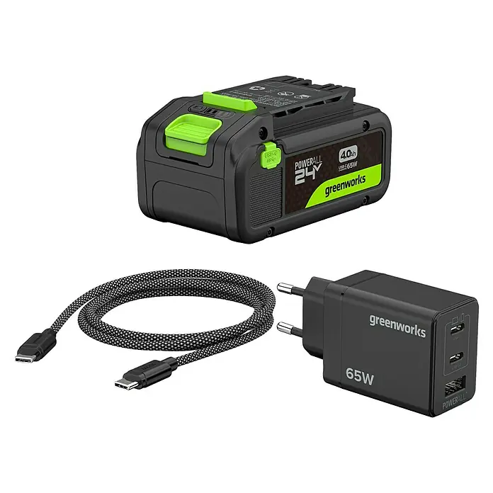 Greenworks Akku & Ladegerät 24V 4 AH, VD - Akkuspannung: 24 V, Li-Ionen, 4 Ah - Greenworks 24V 4.0Ah Akku mit USB-C und 65W Ladegerät mit Kabel. Ideal für schnelles Aufladen und vielseitige Anwendung.