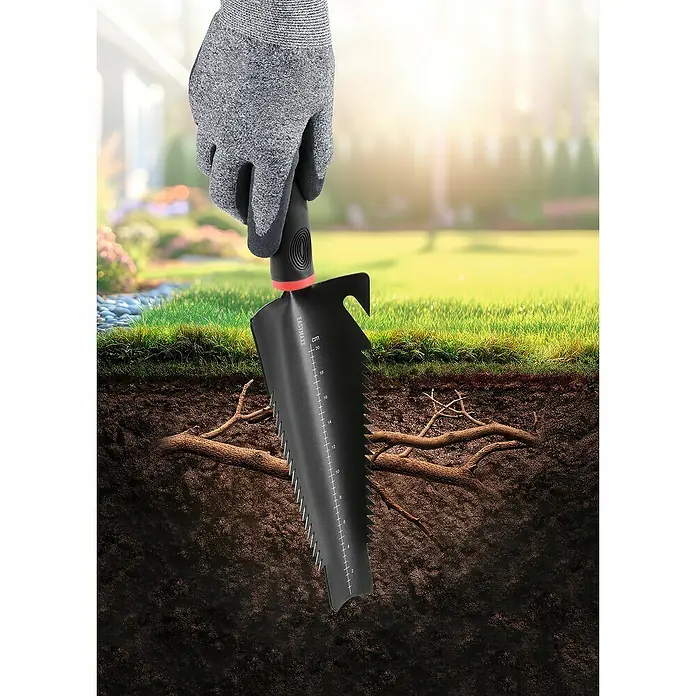 Easymaxx Schaufel Mulfifunktion 4-in-1 - Breite: 110 mm, Schwarz - Nahaufnahme eines Easymaxx-Gartenspatens mit gezackter Kante, der in der Erde steckt.