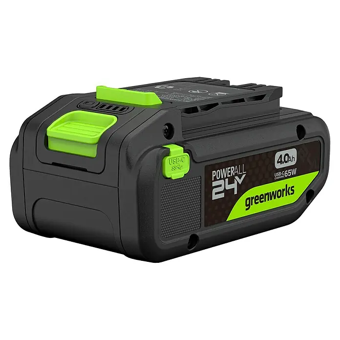 Greenworks Akku 24V 4 AH HP mit USB-C - 24 V, 4 Ah, Li-Ionen - Grün-schwarzer Greenworks 24V Powerall Akku mit 4.0Ah und USB-C Anschluss für flexibles Laden und vielseitige Anwendung.