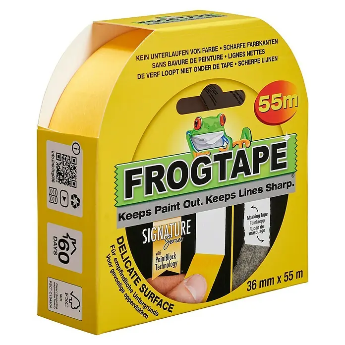 Frogtape Kreativklebeband Delicate Surface - 55 m x 36 mm, Gelb - Frogtape Signature Series: Abdeckband für empfindliche Oberflächen, für präzise Farbkanten und saubere Ergebnisse.