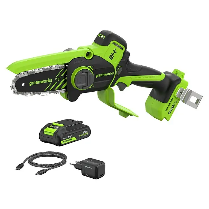 Greenworks Einhand-Akku-Kettensäge Mini GW 24V BL 10 cm - 24 V, 2 Ah, Li-Ionen, 1 Akku, Schwertlänge: 10 cm - Akkubetriebene Greenworks-Astsäge mit Akku und Ladegerät, die sich ideal zum Beschneiden von Bäumen und Sträuchern eignet.