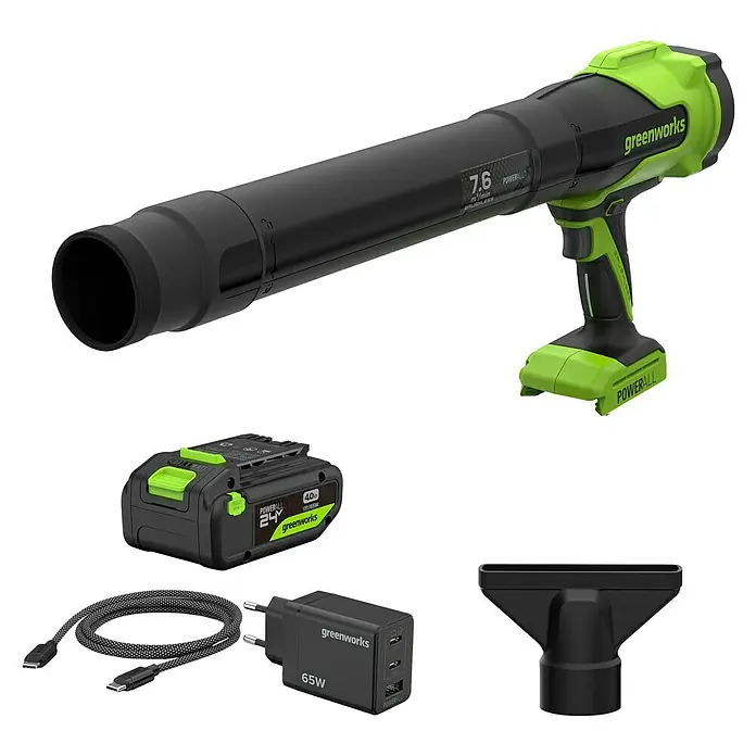 Greenworks Akku-Laubbläser GW 24V BL - 24 V, 1 Akku, 2 Ah, Blasgeschwindigkeit: 209 km/h, Blasleistung: 7,6 m³/h - Abbildung eines Greenworks Laubbläsers mit Akku, Ladegerät und Zubehör.
