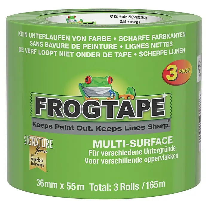 Frogtape Kreativklebeband Multi-Surface - 55 m x 36 mm, Grün, 3 -tlg. - Eine Rolle Frogtape Multi-Surface-Malerkrepp, 36 mm x 55 m, für scharfe Farbkanten und saubere Linien, ideal für verschiedene Untergründe.