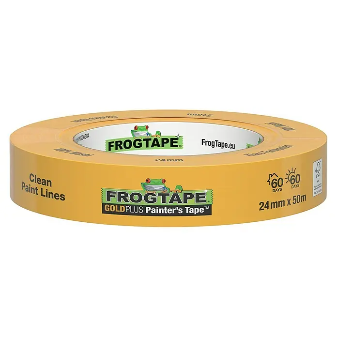 Frogtape Maler-Kreppband Gold Plus - 50 m x 59 mm - Nahaufnahme einer Rolle FrogTape Gold Plus Malerkrepp, 24 mm breit und 50 m lang, ideal für saubere Farblinien.