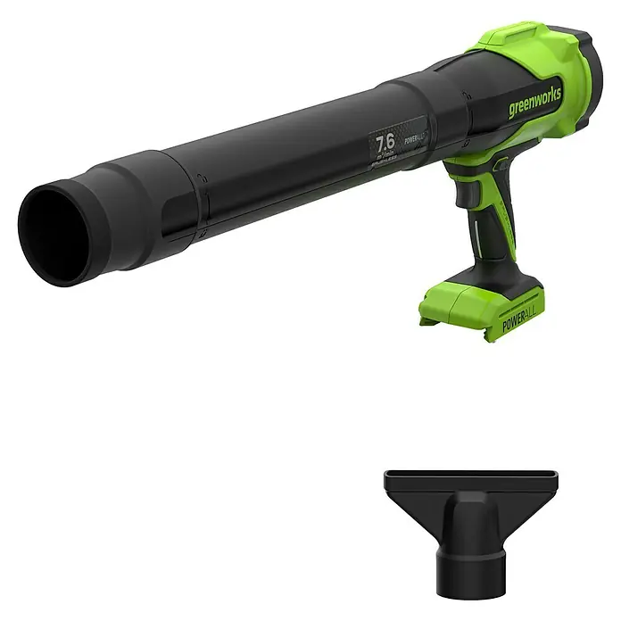 Greenworks Akku-Laubbläser GW 24V BL - 24 V, Ohne Akku, Blasgeschwindigkeit: 209 km/h, Blasleistung: 7,6 m³/h - Greenworks Akku-Blasgerät mit Düse. Das Blasgerät ist in Schwarz und Grün gehalten und verfügt über einen Akku.