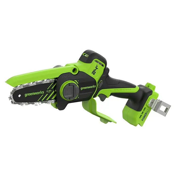 Greenworks Einhand-Akku-Kettensäge Mini GW 24V BL 10 cm - 24 V, Li-Ionen, Ohne Akku, Schwertlänge: 10 cm - Abbildung einer Greenworks 24V Akku-Kettensäge.