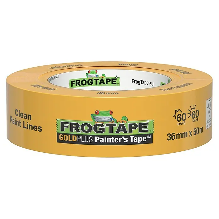 Frogtape Maler-Kreppband Gold Plus - 50 m x 36 mm - Eine Rolle FrogTape GOLDPLUS Painter's Tape™, ein gelbes Malerkreppband für saubere Farblinien, 36 mm breit und 50 m lang.