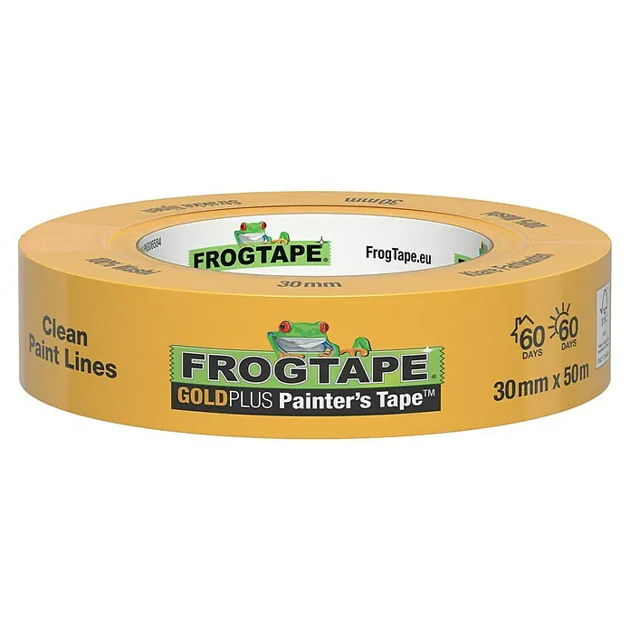 Frogtape Maler-Kreppband Gold Plus - 50 m x 30 mm - Gelbe Rolle FrogTape Gold PLUS Malerkrepp, 30 mm x 50 m, für saubere Farblinien und bis zu 60 Tage rückstandsfrei entfernbar, perfekt für präzise Malerarbeiten.