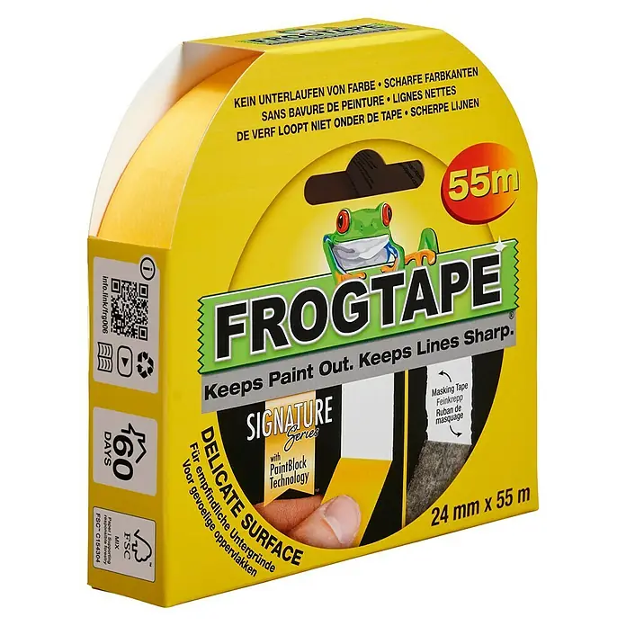 Frogtape Kreativklebeband Delicate Surface - 55 m x 24 mm, Gelb - FROGTAPE Signature Series: Gelbes Malerkreppband für empfindliche Oberflächen, 24 mm x 55 m, für scharfe Farbkanten.
