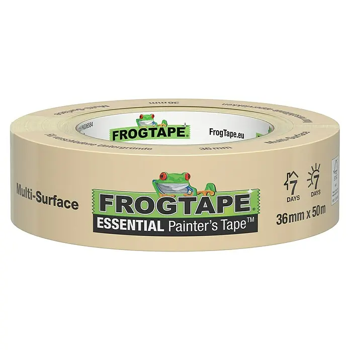 Frogtape Maler-Kreppband Essential - 50 m x 36 mm - Eine Rolle FrogTape Essential Painter's Tape, ein beiges, vielseitiges Abdeckband für präzise Farbergebnisse auf verschiedenen Oberflächen.
