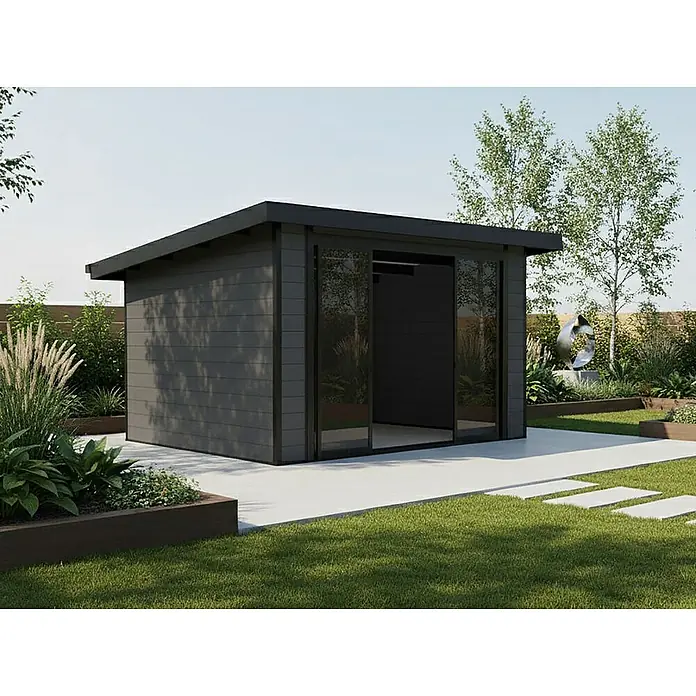 Fjordholz Gartenhaus Sunshine Slide 12 m² - Außenmaß inkl. Dachüberstand (B x T): 447 x 348 cm, Aluminium, Schwarz / Grau