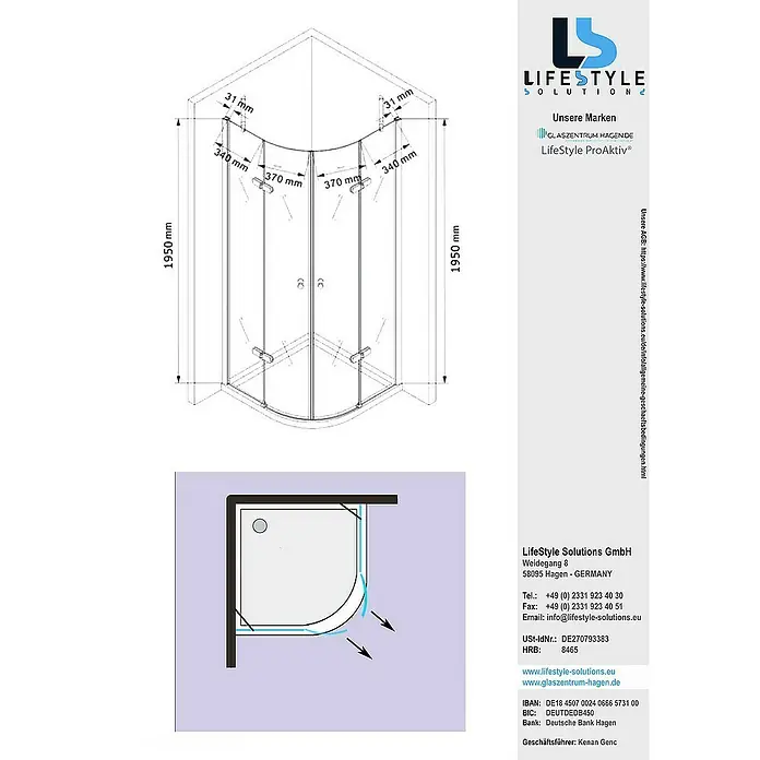 Glaszentrum Hagen Eckdusche 90x90x195cm Poseidon EckDusche Viertelkreis - 90 x 90 x 195 cm, Imprägniert, Farblos, Stärke: 6 mm