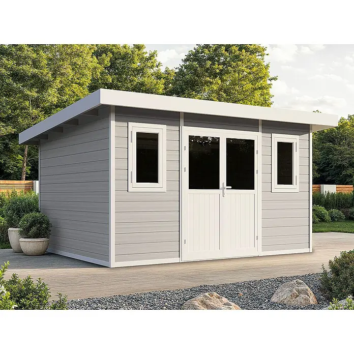 Fjordholz Gartenhaus Nexo White 11,28 m² - Außenmaß inkl. Dachüberstand (B x T): 428,5 x 328,5 cm, Aluminium, Grau / Weiß
