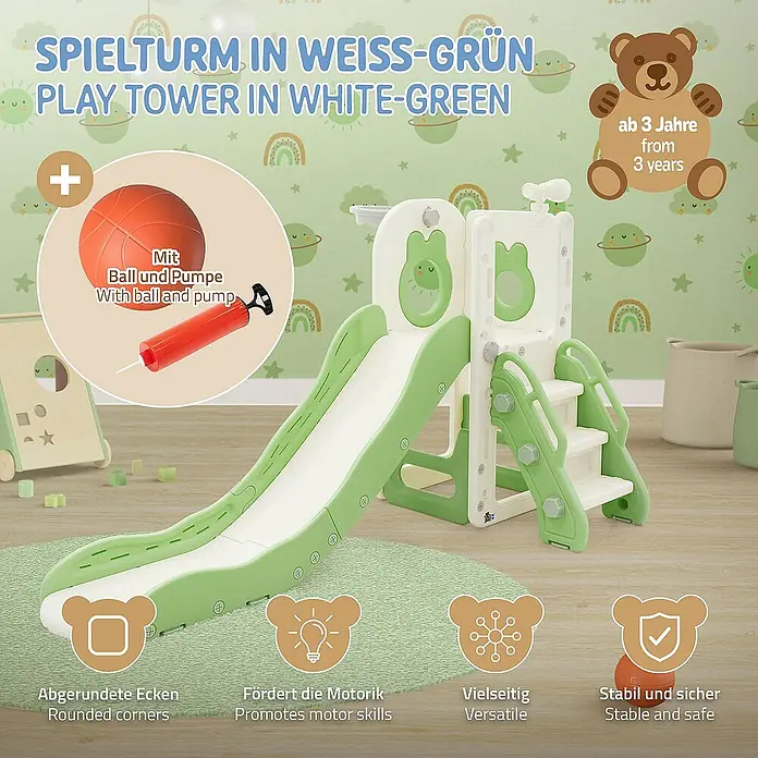 ECD Germany Rutsche Spielgerüst für Kinder ab 3 Jahren, Weiß-Grün, Indoor&Outdoor Rutsche - B x L: 91 x 162 cm, Kunststoff, Weiß, Grün