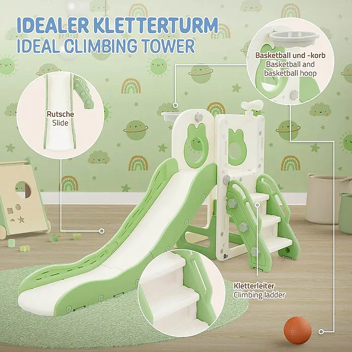 ECD Germany Rutsche Spielgerüst für Kinder ab 3 Jahren, Weiß-Grün, Indoor&Outdoor Rutsche - B x L: 91 x 162 cm, Kunststoff, Weiß, Grün