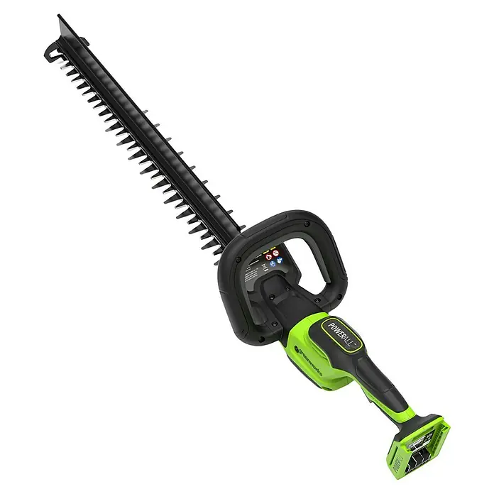 Greenworks Akku-Heckenschere GW 24V L 56 cm - 24 V, Li-Ionen, Ohne Akku, Schwertlänge: 56 cm - Akkubetriebene Greenworks Heckenschere mit grünen und schwarzen Akzenten, die für den präzisen Heckenschnitt konzipiert ist.