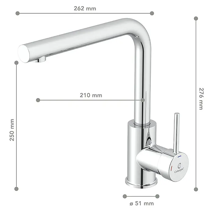 Camargue Spültischarmatur Ontario - Höhe: 276 mm, Chrom, Messing - Abbildung einer Chrom-Küchenarmatur mit Abmessungen für Installationsdetails. Ideal für die Küchenplanung.