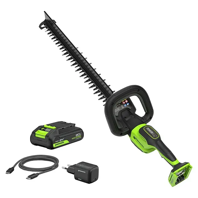 Greenworks Akku-Heckenschere GW 24V BL 56 cm - 24 V, Li-Ionen, 1 Akku, Schwertlänge: 56 cm - Abgebildet ist eine Akku-Heckenschere mit Akku und Ladegerät der Marke Greenworks, die für den mühelosen Gartenschnitt sorgt.