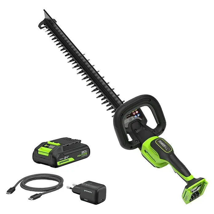 Greenworks Akku-Heckenschere GW 24V BL 61 cm - 24 V, Li-Ionen, 1 Akku, Schwertlänge: 61 cm - Das Bild zeigt eine Greenworks Akku-Heckenschere mit Akku und Ladegerät für den kabellosen Gartenschnitt.