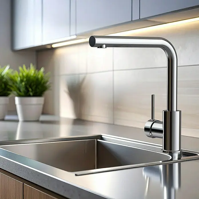 Camargue Spültischarmatur Ontario - Höhe: 276 mm, Chrom, Messing - Moderne Küchenarmatur aus Chrom über einer Spüle, die das elegante Design und die Funktionalität hervorhebt.