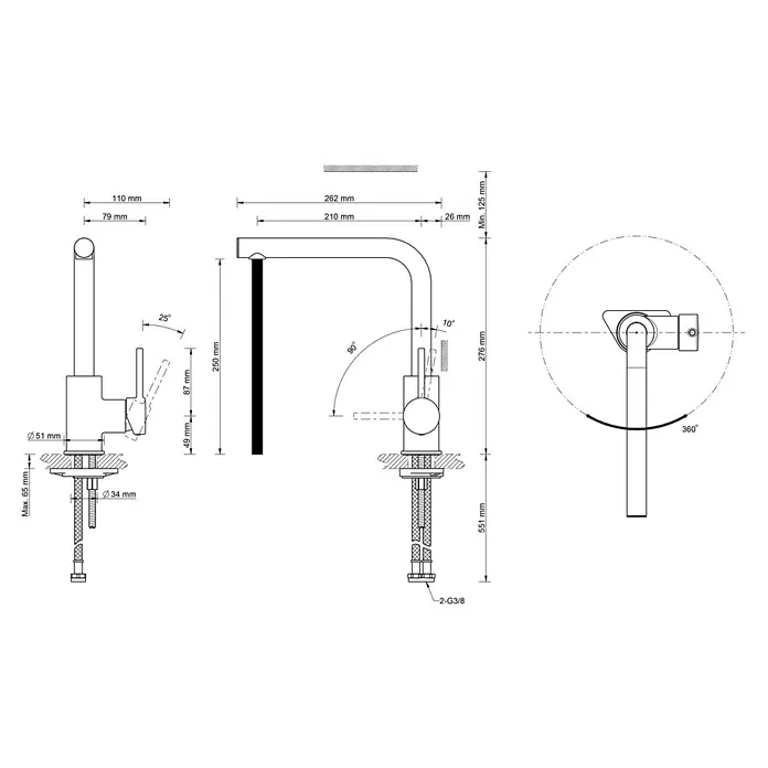 Camargue Spültischarmatur Ontario - Höhe: 276 mm, Chrom, Messing - Technische Zeichnung eines Wasserhahns mit allen Maßen, inklusive Höhe, Ausladung und Durchmesser für Installationsdetails.