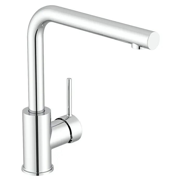 Camargue Spültischarmatur Ontario - Höhe: 276 mm, Chrom, Messing - Nahaufnahme eines modernen, verchromten Wasserhahns mit einem schlanken, minimalistischen Design vor einem neutralen Hintergrund.