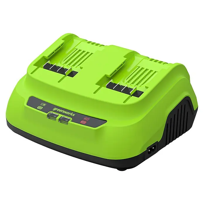 Greenworks Akku-Schnellladegerät 24V 8 A Dual Slot - Ladestrom: 8 A - Das Greenworks Ladegerät für zwei Akkus ist ein leistungsstarkes und effizientes Ladegerät. Ideal für Gärten und Werkstätten.
