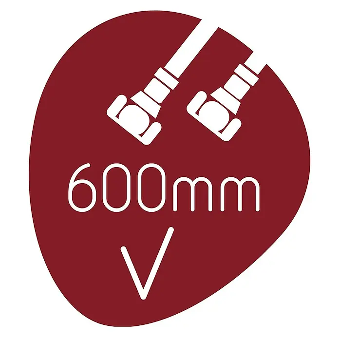 Camargue Spültischarmatur Montreal - Höhe: 277 mm, Schwarz, Matt - Symbol mit zwei weißen Greifarmen und dem Text „600 mm V“ auf einem weinroten Hintergrund.