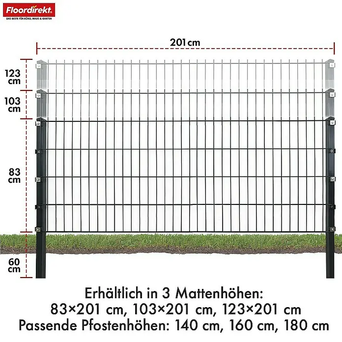 Floordirekt Mattenzaun Doppelstabmattenzaun Limes 0,8 x 26 m - 13 x Zaunmatte 14 x Zaunpfosten - 2.600 x 80 cm, Anthrazit