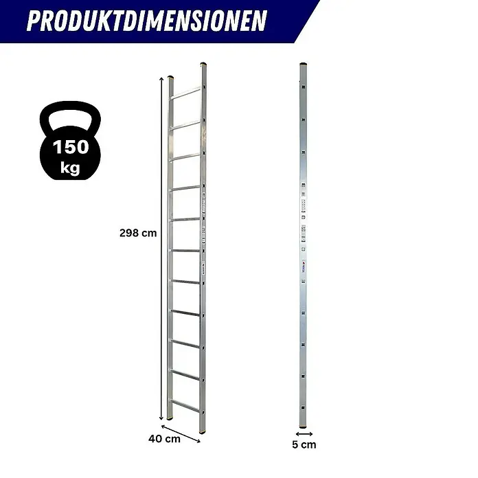 Proregal Anlegeleiter ATLAS - Anzahl Tritte: 11 Stk., Arbeitshöhe: 3.980 mm, Belastbarkeit: 150 kg, Aluminium