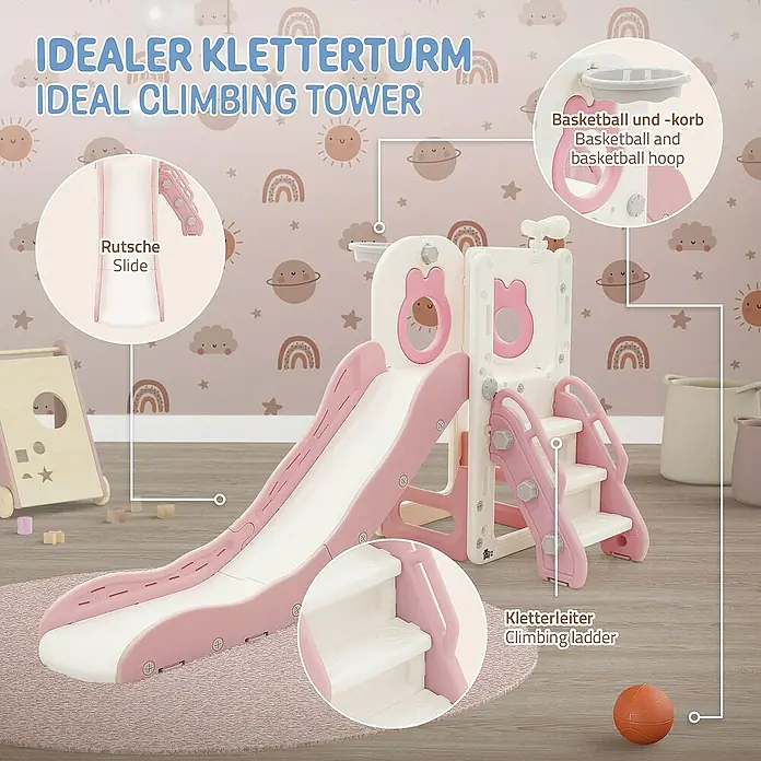 ECD Germany Rutsche Spielgerüst für Kinder ab 3 Jahren, Weiß-Rosa, Indoor&Outdoor Rutsche - B x L: 91 x 162 cm, Kunststoff, Weiß, Rosa